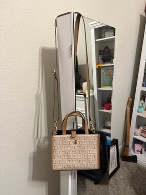 Tommy Hilfiger Beige/Tan Monogram Crossbody Satchel